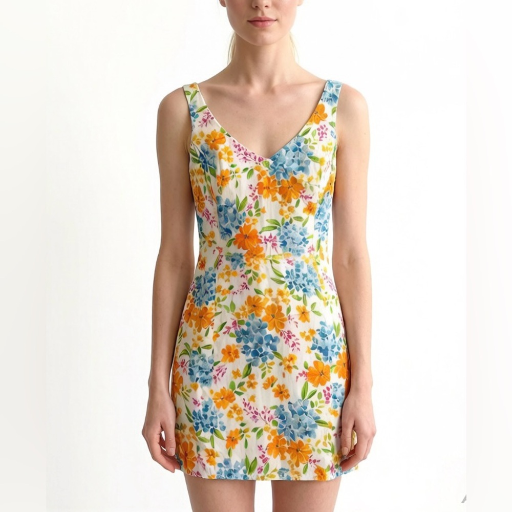 Jones New York Signature Floral Mini Dress Sleeveless V-Neck Sun Dress, Size 4